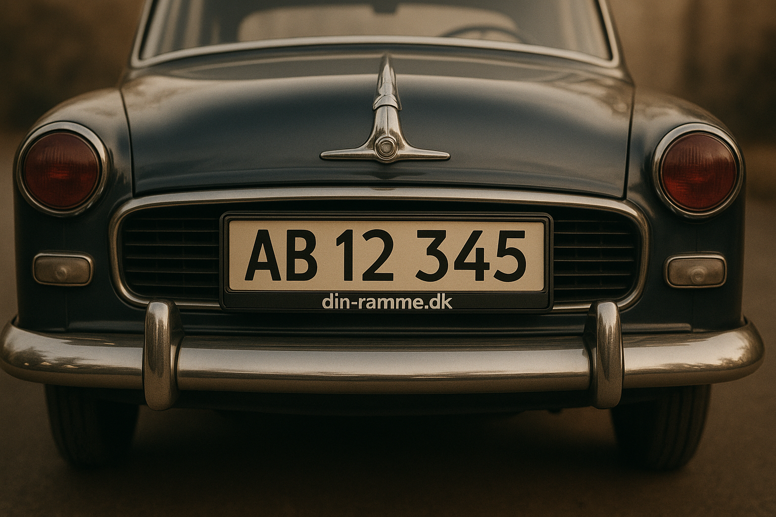 Fed ældre bil, med fokus på nummerpladen. og der i nummerpladerammen står "din-ramme.dk"